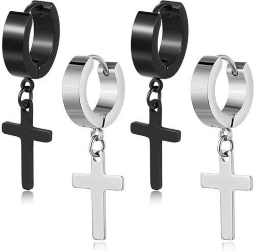 AFCJLTO 2 Paar Ohrringe Set Edelstahl, Schwarz Ohrstecker Kleine Creolen Kreuz, Hypoallergen Ohrstecker Chirurgenstahl,Piercing Knorpel Ohrringe Schwarz für Männer Damen