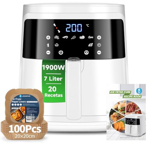 Aigostar White Cube, Freidora de aire 7L Air Fryer 1900W, Freidora sin Aceite 7 Automáticos Modos, Panel Táctil, Cesta Antiadherente Extraíble, 20 Recetas, Hasta 8 Personas, Sin BPA, Menos Energía