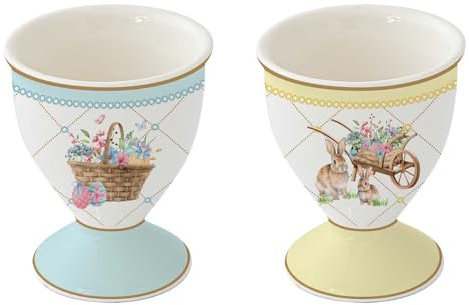 Easy Life Set 2 portauovo pasquali in porcellana con conigli e fiori Spring Bloom H6.5 cm
