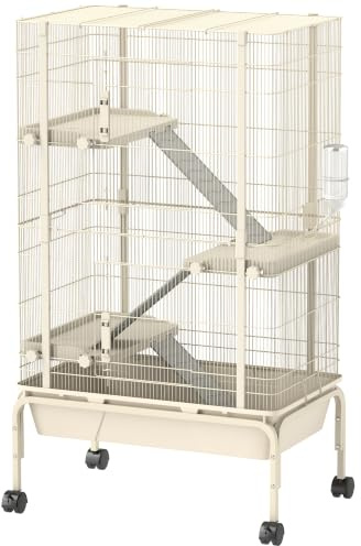 PawHut Rolling Rabbit Cage 4 Level Rolling Rat Cage with 3 Ramps Beige | Water Bottle, Food Dish, 15cm Deep Tray for Easy Cleaning, for Ferrets, Chinchillas, Squirrel, Syrian