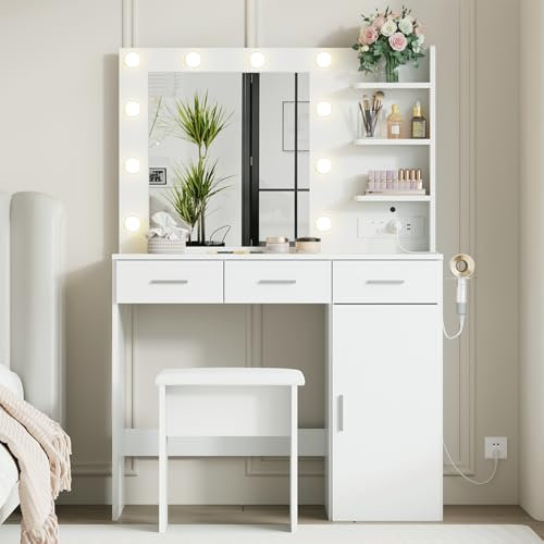 TRIOBLADE Dressing Table with Mirror and Stool White Vanity Table with LED Light 3 Drawers 1Cabinet 3 Shelves Makeup Desk Bedroom Vanity Makeup Desk Set with 2 Sockets and 2 USB Ports Hair Dryer Rack