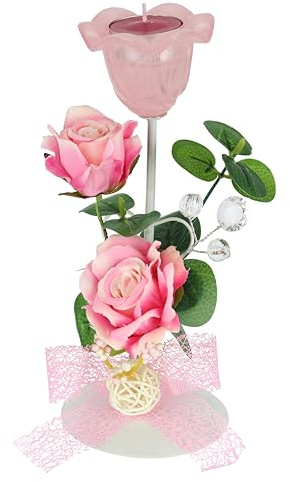 Teelichthalter auf Metall mit Glas und Teelicht-Kerze mit Rosen und Eukalyptus Kerzenhalter Kerzenständer Tischdeko Teelichtglas Windlicht romantische Deko Deko-Objekt Hochzeitsdeko, Rosen