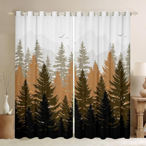 Erosebridal Brown Forest Window Curtains for Men Women,Misty Nature Tree Blackout Curtains 2 Panels,38X45 Inch,Woodland Mountain Scenery Window Treatments Drapes for Bedroom