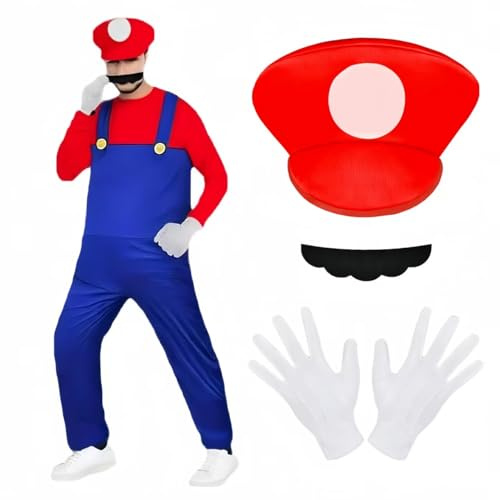 BSBUY Disfraz Bros, 4pcs Set de Accesorios Adulto Classic con Guantes, Bigote y Gorra Roja, para Halloween, Carnaval y Navidad, Cosplay de Hombre, Mujer, Rojo