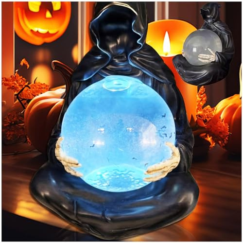 Halloween Deko Schwarze Sensenmann Statue mit Leuchtender Kristallkugel & Schwebe-Fledermaus, Gothic Figur Bücherregal Deko, Mystische Horror Skulptur Halloween Deko Outdoor für Gärten (Schwarz)