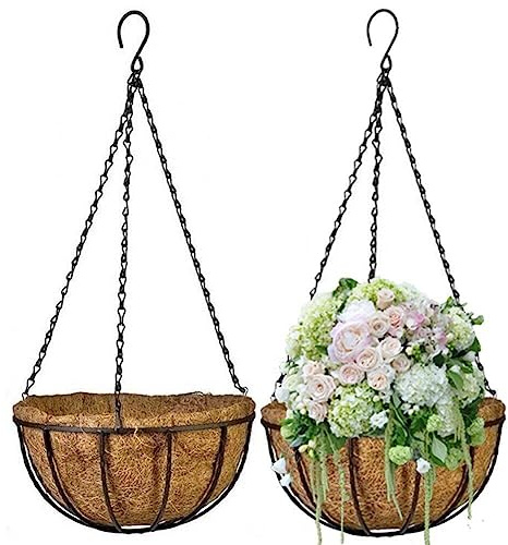 2 cestas colgantes redondas de alambre de metal con forro de coco, perfectas para decoración de jardín al aire libre, soporte de plantas y exhibición de flores.