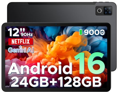 DOOGEE U12 Android 16 Tablet 12 Zoll, 9000mAh, 90Hz Display, Gemini AI, UNISOC T7255 Octa Core Tablet PC, 24GB RAM+128GB ROM (2TB), 13MP+8MP, 7,8mm Ultradünn, WiFi 5/Widevine L1/ GPS/Face ID/OTG/FM