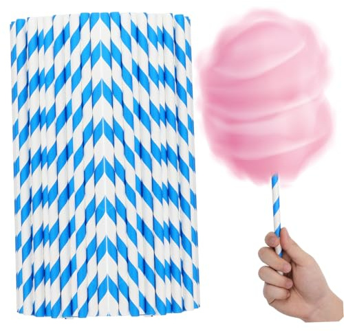 CIYODO 50pcs Blue White Striped Cotton Candy Paper Sticks Flexible Candy Making Supplies for Birthdays Weddings Holiday Parties