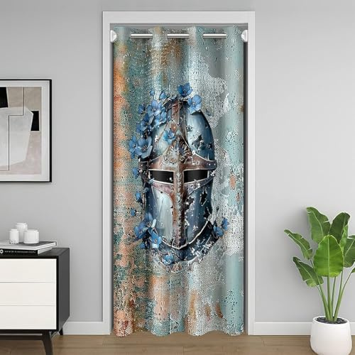 Homewish Mittelalterlicher Ritter Türvorhang Helm Tür Vorhänge 106x203cm Soldat Rustikales Blaues Ölgemälde Sichtschutzvorhang für Kinder Mädchen Jungen Jugendliche,Retro Floral Verdunkelungs Vorhang