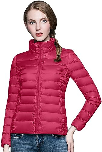 LCpddajlspig Piumino Donna 100 Grammi Leggera con Sacca Portaoggetti Piumini Corto Caldo Invernale Giacca Trapuntata Elegante senza Cappuccio Fucsia Acceso L