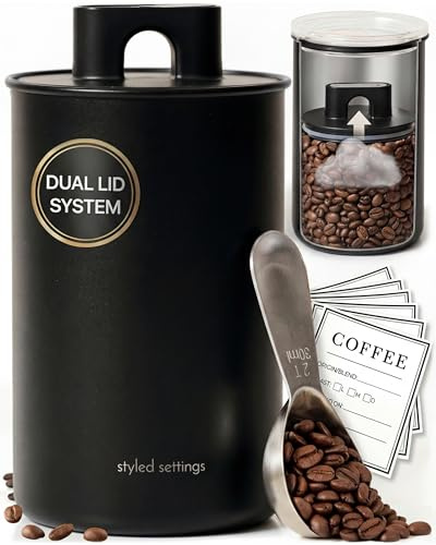 STYLED SETTINGS Coffee Storage Container - Airtight Vacuum Coffee Canister with Scoop and Label - Matte Black Canister Holds 1lb Beans or Grounds, Dual-Lid Freshness System - Perfect for Gifting