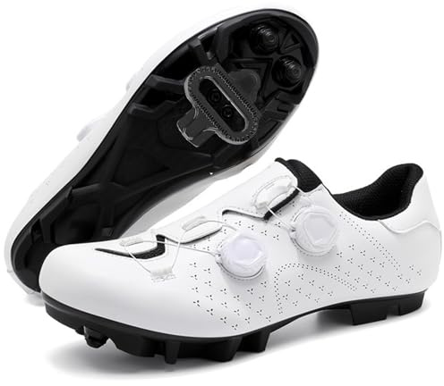 PENXZT MTB-cykelskor för män, kompatibla med peloton, med 2-bults SPD-klossar, halkfria MTB-sneakers, andningsbara, utomhus,White,47 EU