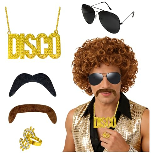 Chuanhylis 6 Pièces Perruque Mulet Homme, Déguisement Rappeur, Perruque Mulet Homme Annee 80 avec Lunettes de Soleil, Fausse Barbe, Collier, Bague pour Carnaval, Cosplay, Soirée Fête à Thème