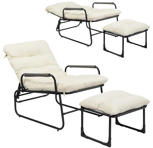Bonnlo Balkonsessel mit Verstellbarer Rückenlehne und Hocker, Sitzsessel bis 180kg belastbar,für Veranda, Garten, Poolbereich, Balkon oder Hinterhof，Weiß