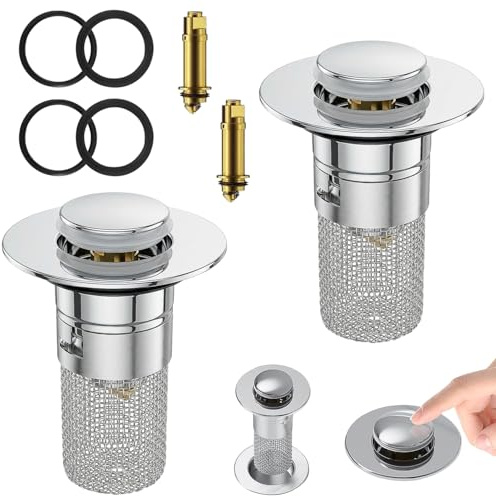 2 Pcs Universal Bathroom Sink Plug Replacement, Pop Up bathroom Sink Plugs Stainless Steel Hair Catcher with Strainer for 30mm-40mm Bath Kitchen Drain Holes