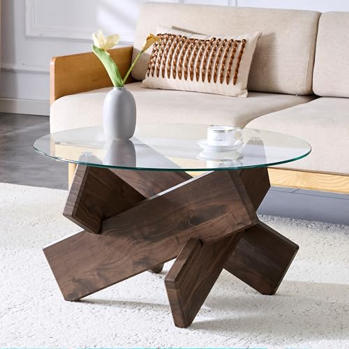 Table basse ronde de 79 cm - Plateau de table en verre trempé - Table d'appoint moderne en verre - Table d'appoint ronde - Table basse / table basse pour salon, bureau et salon (couleur bois de noyer)
