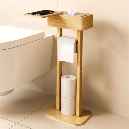 Porte-papier toilette en bambou avec étagère, Porte-papier toilette en bois debout, Support de rechange pour rouleau de papier toilette, Support de rouleau de papier toilette pour salle de bain et WC