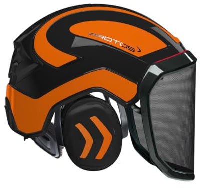 Protos Integral Forest Casco protettivo EN 397 con visiera F39 – Casco forestale per lavori professionali forestali e seghe, nero/arancione fluo