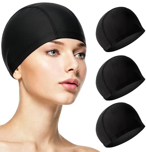 WUMZIRA 3 Unidades Gorro Piscina Tela para Hombre y Mujer, Gorro Natación Adulto Elástico y Suave, Gorro de Baño Cómodo para Pelo Largo y Corto, Ideal para Natación y Aquagym, Negro