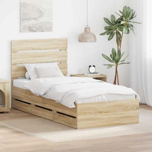 zylophax Bettrahmen Sonoma-Eiche 100 x 200 cm Ingenieurs Holz Bettgestell mit Stauraum, Doppelbett mit Kopfteil, modernes Schlafzimmerbett, stabiles Boxspringbett, Bettanlage für Gästezimmer