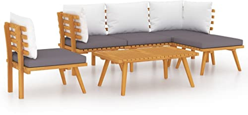 XHNIFBN Juego de 6 muebles de jardín de madera maciza de acacia, sofá de jardín modular con tapicería, conjunto de asientos para patio y jardín, diseño de lamas, incluye mesa y taburetes
