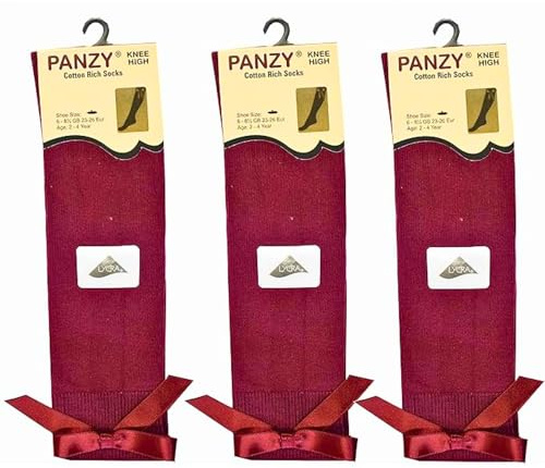 Panzy® 3 par flickor rosett knähöga skola enkel lång längd bomull stretch med alla storlekar och färger (set med 3 par)