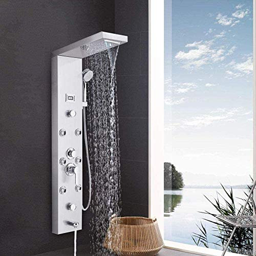 Duschsystem 5 Funktionen Duschpaneel Duschset Duschsäulen aus rostfreiem Edelstahl mit handbrause Wasserfall Regenduschkopf und Wanneneinlauf mit