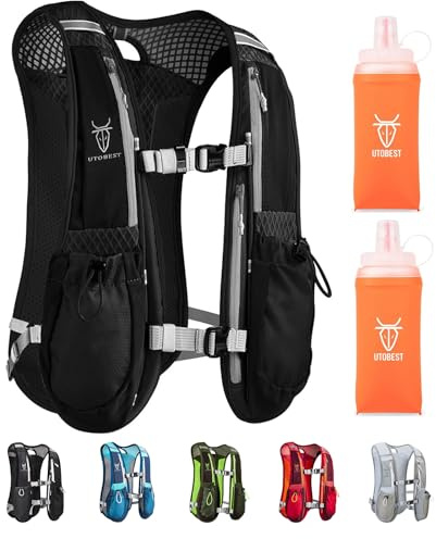 UTOBEST Running Vest, 5L Hydration Vest Lightweight Backpack with 2 x Soft Flask, Adjustable Hydration Vest for Trail Marathon Race Jogging Cycling Black