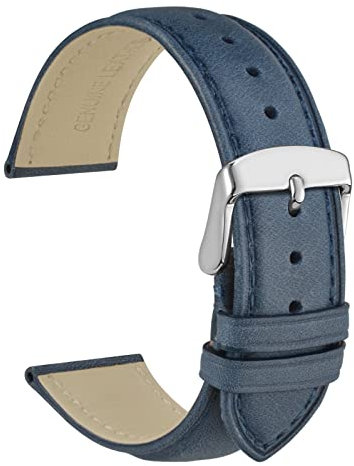 WOCCI 20mm Vintage Leather Watch Strap with Silver Buckle, Replacement Band (Blue)