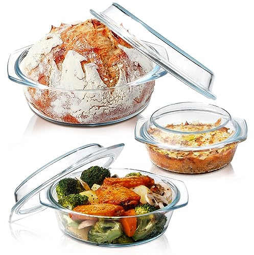 Casseruola in vetro trasparente rotondo con coperchio in vetro con coperchio in vetro Casseruole da forno con coperchio in vetro, ciotola in vetro (set da 3-0,65 L+1 L+1,4 L)