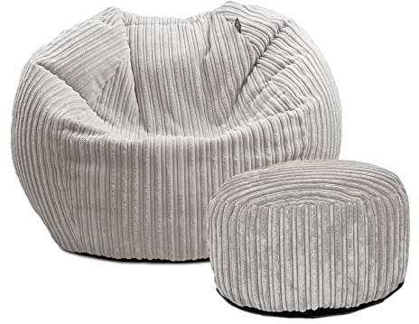 rucomfy Kids Slouchbag Beanbag Footstool Bundle - Soft Corduroy - Platinum | Premium Supportive Pre-Filled Kids Beanbag Chair - Durable Fabric Ergonomic Seat - Machine Washable - 60x80cm