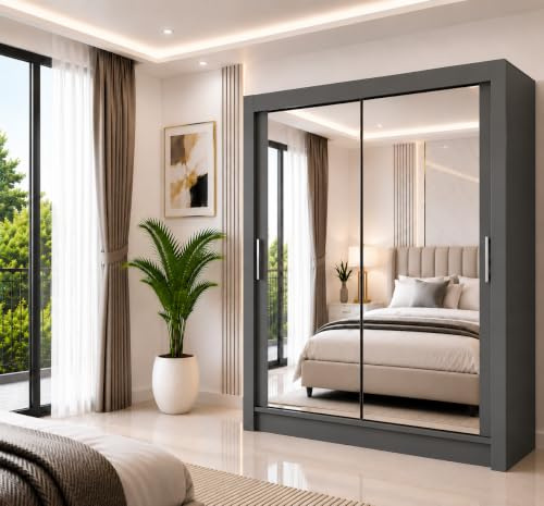IE INTERIOR EMPORIUM Milan Full Mirror Double Sliding Door Wardrobe (or three in the 250cm size) With Shelves, Hanging Rails and LED Light in 6 Sizes & 4 Colors (203cm, Grey)