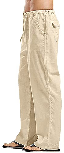 YAOHUOLE Mens Linen Lounge Pants Loose Fit Lightweight Yoga Comfy Beach Trousers Khaki L