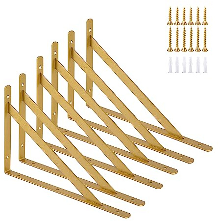 Ouvin Regalhalterung, strapazierfähig, dreieckige Regalhalterungen (250 mm x 160 mm), wandmontiert, rechtwinklig, Regalstützen mit Schrauben, goldfarben, 6 Stück