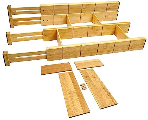 Mafagwre Schubladentrenner Verstellbar Bambus Schubladenteiler (43-56cm), Gefedert Schubladen Organizer für Küche, Badezimmer, Schlafzimmer, 4er-Pack Drawer Organizer Schublade (Primärfarbe)