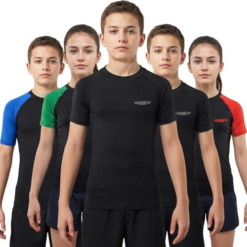 Exxact Sports Kids BJJ Rash Guard Short Sleeve, Ranked No Gi Jiu Jitsu Compression Shirt for Boys & Girls for MMA, Wrestling - (Black, YXL)