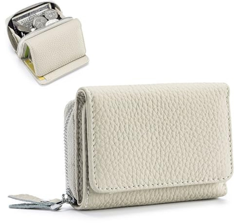 ZhaoCo Kleine Geldbörse Damen mit Münzfach & RFID-Schutz, Echtes Leder Mini Portemonnaie Geldbeutel Kreditkartenetui für Frauen Mädchen - Cremefarben