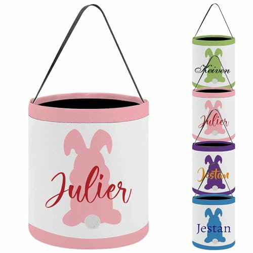 AIFLM Cestino Pasquale Personalizzato per Bambini Secchielli di Cotone Riutilizzabili in Tela di Coniglio Caccia all'uovo Tote Bag per Regali di Pasqua Blu/Viola/Rosa/Verde