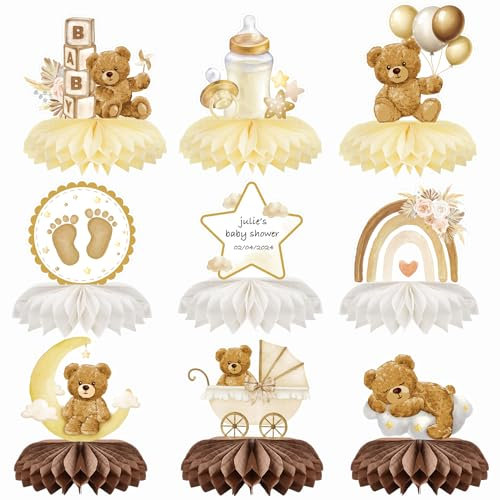 9pz Centrotavola Battesimo Bimbo Bimba, Decorazione Orsetto Blu per Battesimo Bambini, Gender Reveal Party Decorations Addobbi Tavola 3D Orso per Nascita Baby Shower Compleanno