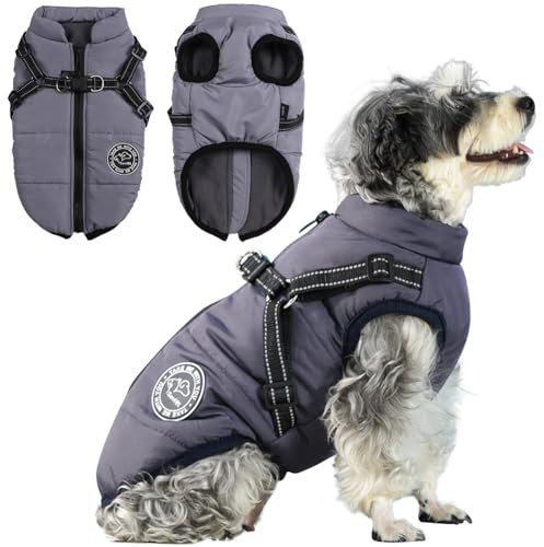 Savlot All-Weather Dog Coat & Harness | Waterproof Windproof Snowsuit with Reflective Vest & Fleece Lining for Small, Medium, Large Dogs