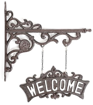 Sungmor Vintage Gusseisen Hängeschild Willkommensschild, kunstvolle Wandhalterung, Aufhänger für den Außenbereich, rustikale Wandmontage, Haustür zum Aufhängen, dekoratives Gartenschild