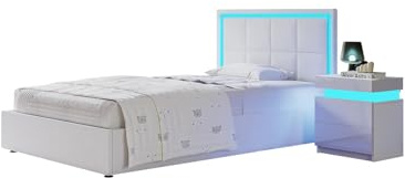 Bed Frame with Storage 3FT Single Ottoman Gas Lift Storage Bed Frame，White | Faux Leather Bed, LED Single Size Bed for Bedroom Home