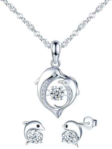 MICMIF Ensemble Bijoux Femme en Argent 925 Collier Dauphin et Boucles D'oreilles Clou avec Oxyde de Zirconium, Pendentif avec Chaîne 45cm, Parure Bijoux pour Petite amie Mère Fille Fête