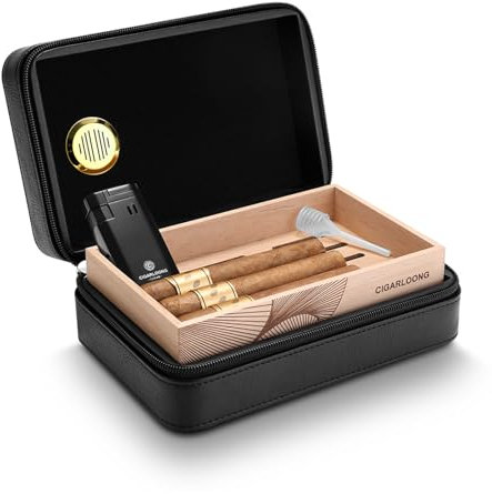 CIGARLOONG Travel Cigar Case,Leather Humidor for 10 Cigars with 2 Cedar Wood Layer & Built-in Humidifier for Cigar Lovers (Black)