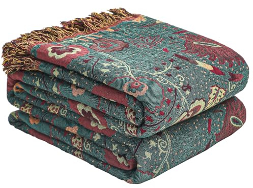 HOORDRY Boho Tagesdecke 100% Baumwolle Doppelseitiger | Musselin Bettüberwurf,Kuschelige Sofadecke&Wohnzimmer-Accessoire, Aesthetic Design-150x200CM,Grün