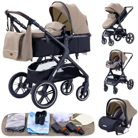 GLOKID Carrito bebé 3 Piezas, Carro, Carrito bebé 3 en 1, Silla Paseo, Sistema de viaje, Plegable, neumáticos de caucho, Con accesorios, Góndola, Adaptateurs 25 kg (Caqui)