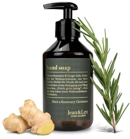 Jean & Len Handseife Rosemary & Ginger, in der Christmas Edition, reinigt beanspruchte Hände, ideal als Geschenk geeignet, Flüssigseife im nachfüllbaren Pumpspender, ohne Parabene& Silikone, 250 ml