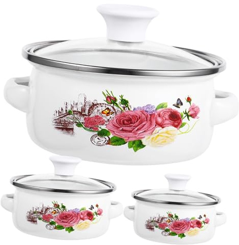 SECFOU Enamel Mini Stockpot Set 3pcs Small Cooking Pots with Handles Flat Bottom Enamel Pans for Kitchen Use for Soups Stews and Milk 12-16cm