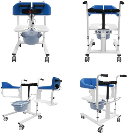 Fridgestea Hydraulischer Patientenlifter mit Toilettenstuhl, 4-in-1 Transferstuhl stuhl 42-61cm Verstellbar mit Bremsen Rollen,Badezimmerstuhl mit 180° Geteiltem Sitz bis 90kg für Senioren/Behinderten