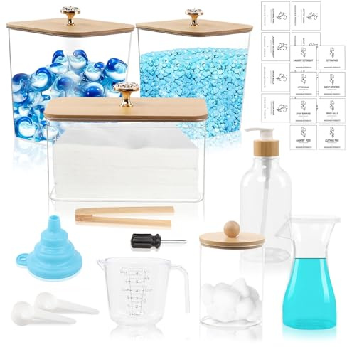 6 Piezas Almacenamiento de Detergente para Lavandería, Caja Para Detergente en Polvo de Alta Capacidad con Tapa de Bambú, Contenedores Lavandería con Taza Medidora y Caja para Bolitas de Algodón (B)